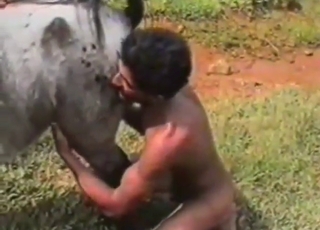 Curly-haired Latino zoophile about to fuck beast